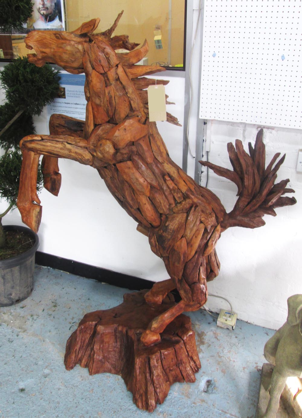 REARING STALLION, reclaimed, carved teak, approximately 150cm H.