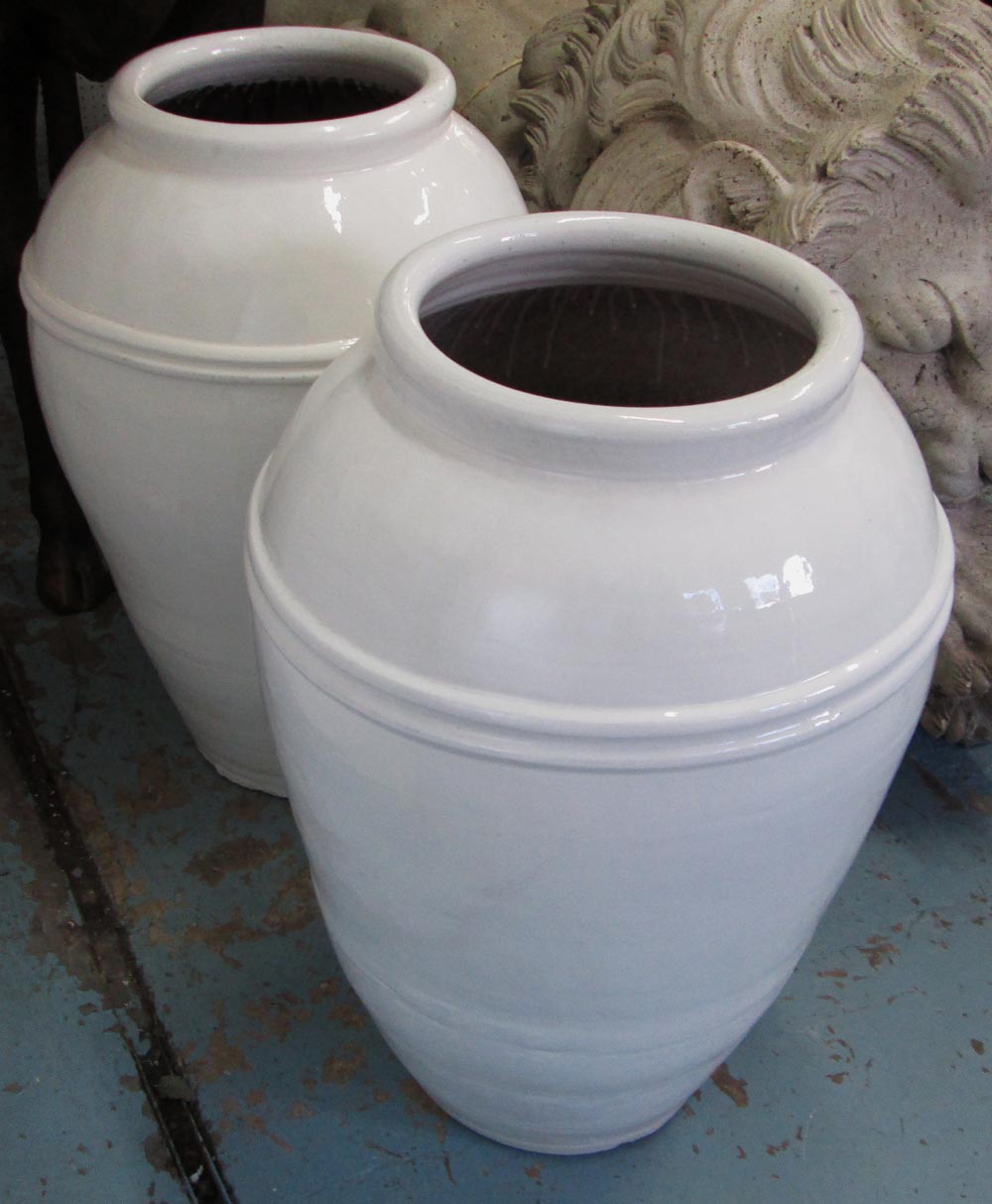 GARDEN POTS, a pair, Grecian style in white glaze, 74cm H.