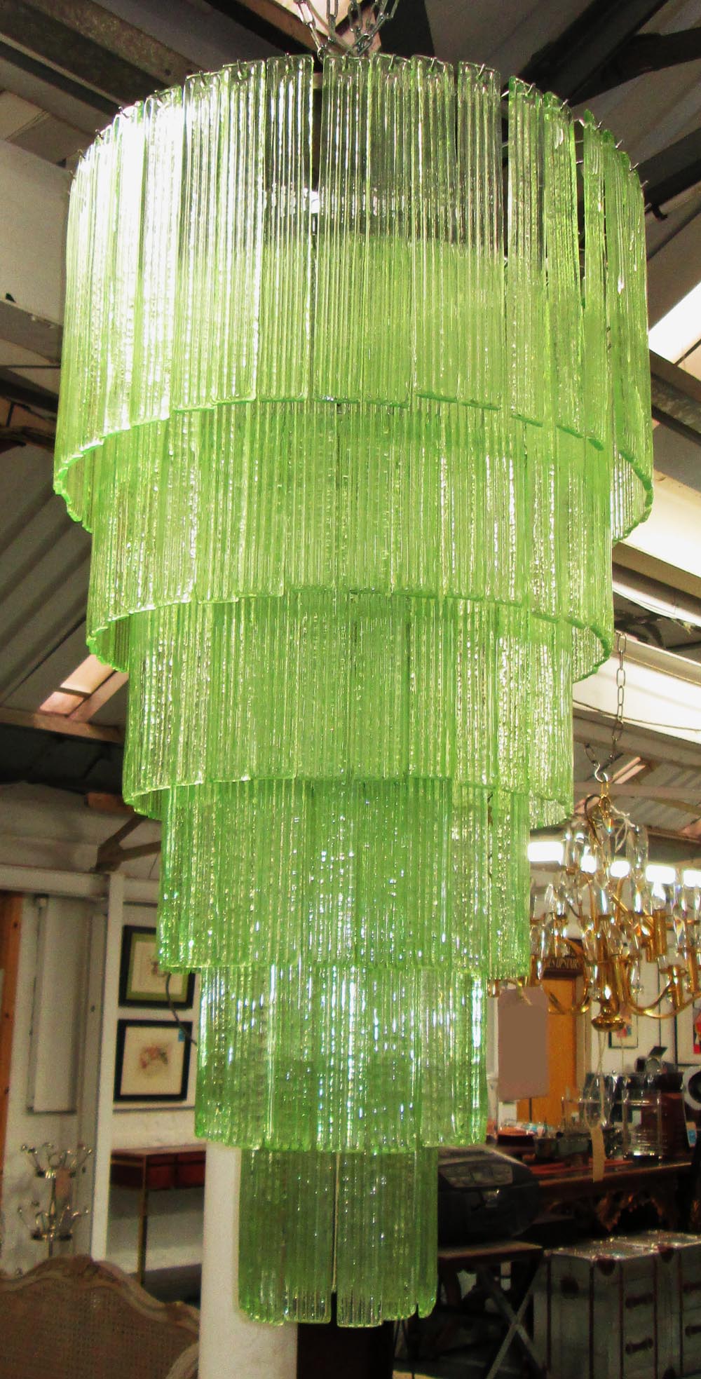 VALERIE WADE CHANDELIER, in cascading green glass, 130cm H plus chain.