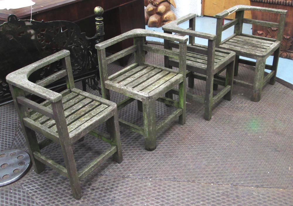 GARDEN CORNER CHAIRS, a set of four, weathered teak, 60cm x 60cm x 65cm H.