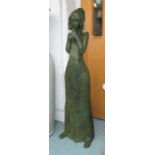 CONTEMPORARY BRONZE SCULPTURE, bronze lady with tulip, verdigris patina, 148cm H.