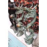 LARGE BRONZE ORIENTAL DRAGONS, a pair, verdigris and gilt patina, 120cm H.