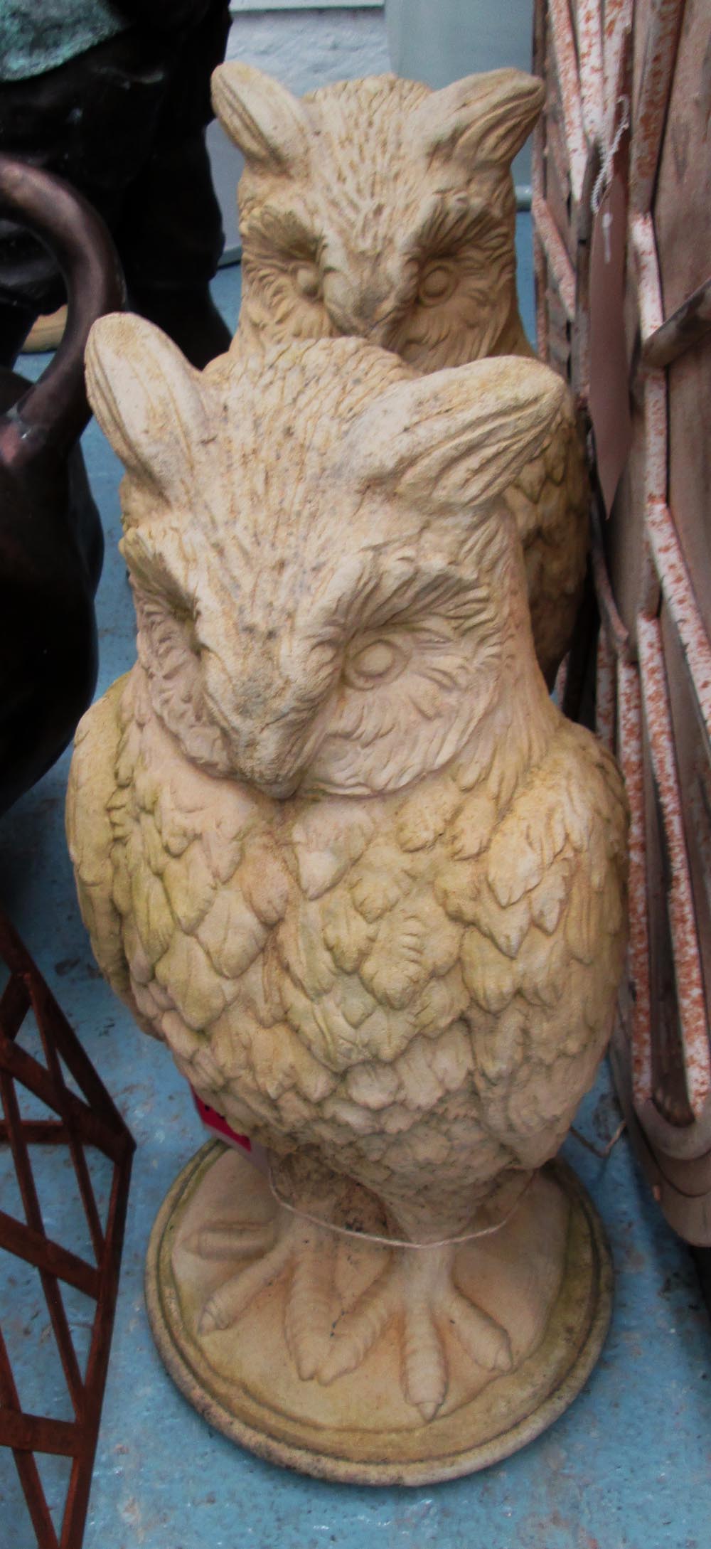 LARGE STONE OWLS, a pair, 70cm H.