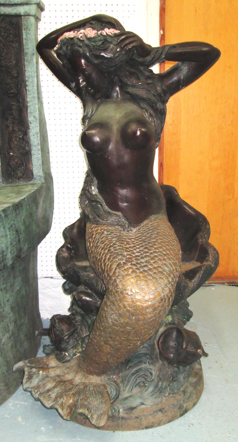 BRONZE MERMAID ON SHELL, seated, 108cm H.