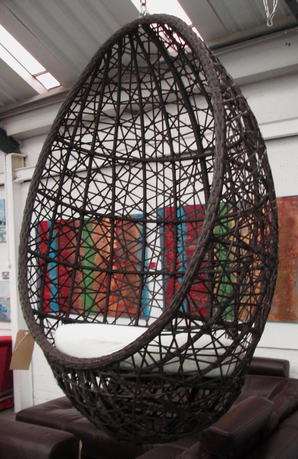 HANGING GARDEN EGG CHAIR, in woven weatherproof material with cushion, 82cm W.