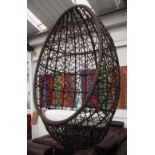 HANGING GARDEN EGG CHAIR, in woven weatherproof material with cushion, 82cm W.