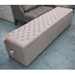 OTTOMAN, with lift up lid in neutral fabric on block supports, 180cm x 46cm x 42cm H.