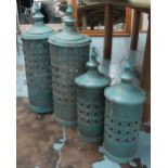 STORM LANTERNS, French two pairs both large and small with decorative fretwork in metal,