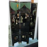 CHINESE SCREEN, four fold, black lacquered with applied figural detail, each panel 40cm x 182cm H.