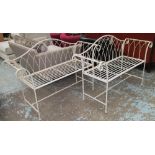 GARDEN BENCHES, a pair, in distressed cream metal finish, 141cm L.