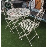 BISTRO SET, folding metal table and two folding metal chairs, cream, 63cm diam x 74cm H.