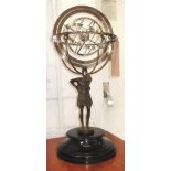 ARMILLARY SPHERE, supported by a male figure on marble base, 58cm H.