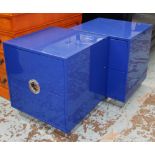 TALISMAN SIDE CABINETS, a pair, two drawers in royal blue lacquer on steel supports,