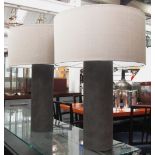 TABLE LAMPS, a pair, shagreen style cylindrical bases with grey silk shades,