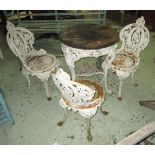 BRITANNIA PUB TABLE, white painted cast iron and three chairs to match, table 60cm W x 76cm H.