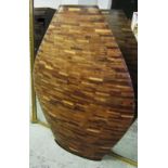 WOODEN URN, of segmented construction, narrow and elliptical in form, 113cm W x 144cm H overall.