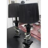 TABLE LAMPS, a pair, black bases and shades, Continental plugs, 64cm H.