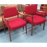 OPEN ARMCHAIRS, a set of five, by Jens Risom, in red upholstery, each 65cm W x 87cm H x 55cm D,