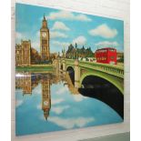 NGUYEN CHI, 'Westminster Bridge', lacquer on panel, 100cm x 100cm.