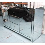 MIRRORED CHEST, with three drawers and two cupboards, 45cm x 87cm H x 135cm.