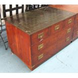 LOW CHEST, Campaign style yewwood, with green leather top and five drawers,
