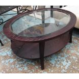 LOW TABLE, oval top with glass inset in wooden frame, 100cm x 76cm x 40cm H.