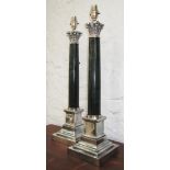 TABLE LAMPS, a pair, Corinthian column style, with chromed metal caps, 59cm H.
