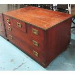 LOW CHEST, Campaign style yewwood with brown leather top and five drawers, 57cm H x 92cm W x 62cm D.