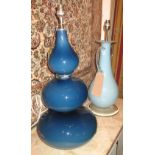 WILLIAM YEOWARD GLASS TABLE LAMPS, two various, turquoise and marine blue, 60cm H and 54cm H.