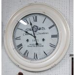 WALL CLOCK, French 'Chateau' style, white metal casing with French markings, wall fixings attached,