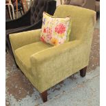 ARMCHAIR, in green upholstery with scatter cushion on square tapering legs, 77cm W.