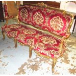 CANAPE, Louis XV style giltwood in patterned red fabric, 176cm W.