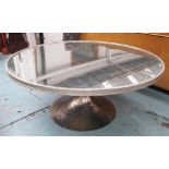 MIRRORED TOPPED DINING TABLE, with a circular top on a steel effect shaped base, 184cm diam.