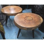 LOW TABLES, a pair, in the form of a section of a tree trunk, each raised on four supports,