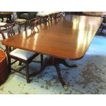 DINING TABLE, Regency style mahogany with two pedestals and one extra leaf,