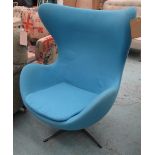 EGG CHAIR, in sky blue upholstery on swivel base, 85cm.