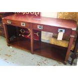 SIDE TABLE, Campaign style mahogany and brass bound with two frieze drawers and undertier,