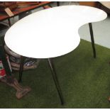 DESK, with opaque kidney shaped glass top on metal supports, 160cm x 86cm x 74cm H.