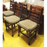 COUNTRY LADDER BACK CHAIRS, a set of six, Georgian style beechwood with rush seats and cushions,