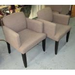 DINING CHAIRS, a set of six, in beige fabric on square supports, 63cm W.