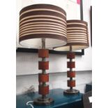 TABLE LAMPS, a pair, of wooden detail with metal columns and shades, 71cm H overall.