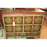 SIDE CABINET, Tibetan painted with eight doors above three drawers, 96cm H x 125cm x 35cm.