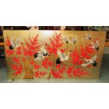 ORIENTAL LACQUER PANELS, a set of four, depicting cranes, 100cm H x 200cm W.