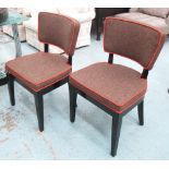 DINING CHAIRS, a set of eight, in brown fabric with piping in square supports, 50cm W.