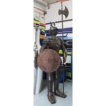 SUIT OF ARMOUR, distressed metal with candle door to back, 245cm H.