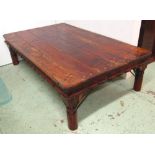 TAKET LOW TABLE, hardwood with iron strapwork, 106cm x 50cm H x 179cm L.