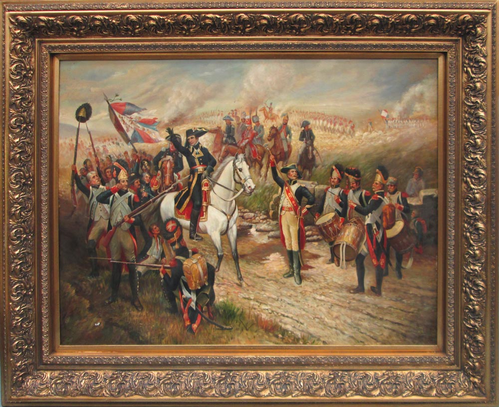 OIL ON CANVAS, Napoleonic scene in an elaborate gilt wood frame, 128cm x 162cm.