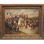 OIL ON CANVAS, Napoleonic scene in an elaborate gilt wood frame, 128cm x 162cm.