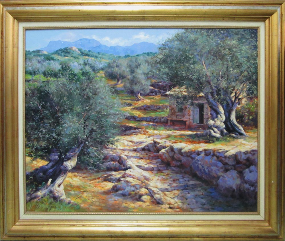 20TH CENTURY, 'Continental landscape with olive trees' oil on canvas, 88cm x 115cm,