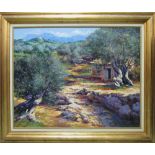 20TH CENTURY, 'Continental landscape with olive trees' oil on canvas, 88cm x 115cm,